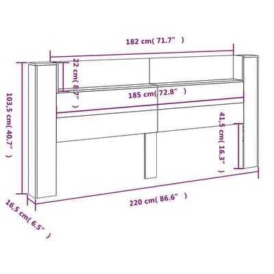 vidaXL Armário de cabeceira com luzes LED 220x16,5x103,5 cm preto