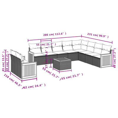 vidaXL 11 pcs conjunto sofás de jardim c/ almofadões vime PE bege