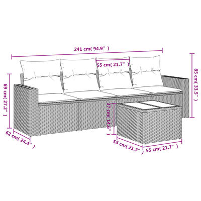 vidaXL 5 pcs conjunto sofás de jardim c/ almofadões vime PE cinzento