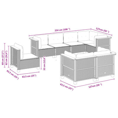 vidaXL 8 pcs conjunto sofás de jardim c/ almofadões vime PE cinzento