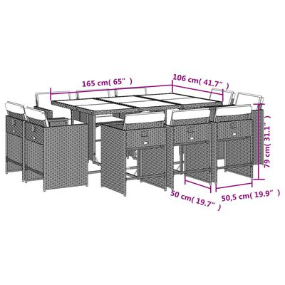 vidaXL 11 pcs conj. jantar jardim c/ almofadões vime PE bege misturado