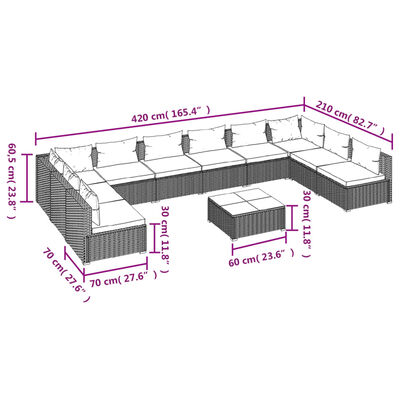 vidaXL 11 pcs conjunto lounge jardim c/ almofadões vime PE castanho