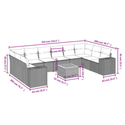 vidaXL 11 pcs conjunto sofás de jardim c/ almofadões vime PE cinzento