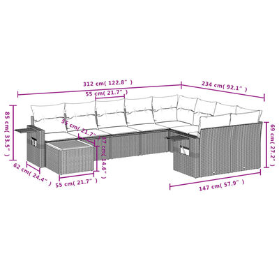 vidaXL 10 pcs conjunto de sofás p/ jardim com almofadões vime PE bege