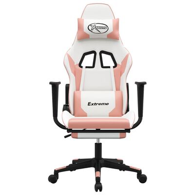 vidaXL Cadeira gaming massagens c/ apoio pés couro artif. branco/rosa