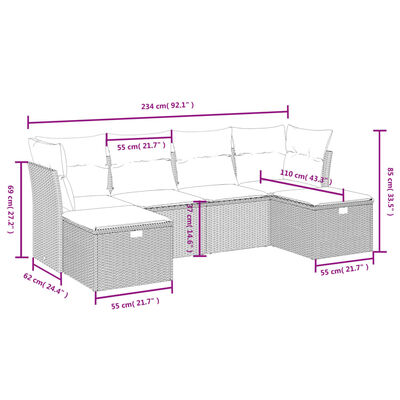 vidaXL 6 pcs conjunto sofás de jardim com almofadões vime cinzento