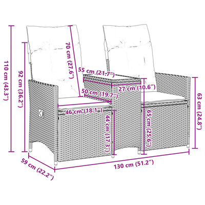 vidaXL Sofá de jardim reclinável 2 lugares com mesa vime PE bege