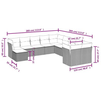 vidaXL 11 pcs conjunto sofás de jardim c/ almofadões vime PE preto