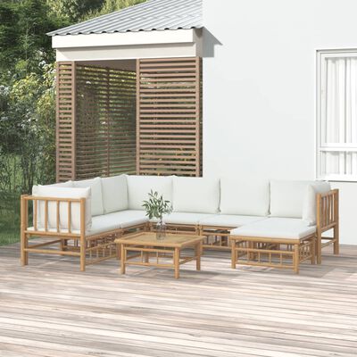 vidaXL 8 pcs conjunto lounge de jardim bambu c/ almofadões branco nata