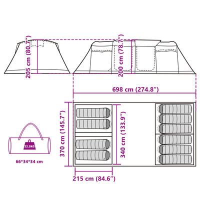 vidaXL Tenda familiar túnel para 10 pessoas impermeável cinza/laranja