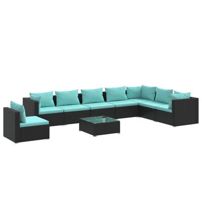 vidaXL 9 pcs conjunto lounge de jardim c/ almofadões vime PE preto