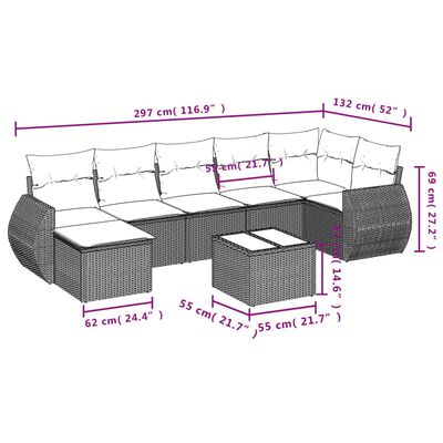 vidaXL 8 pcs conjunto sofás de jardim com almofadões vime PE preto