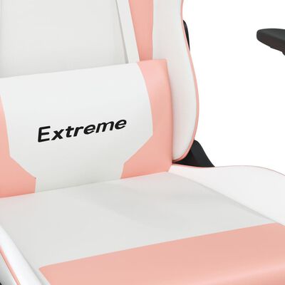 vidaXL Cadeira gaming massagens c/ apoio pés couro artif. branco/rosa