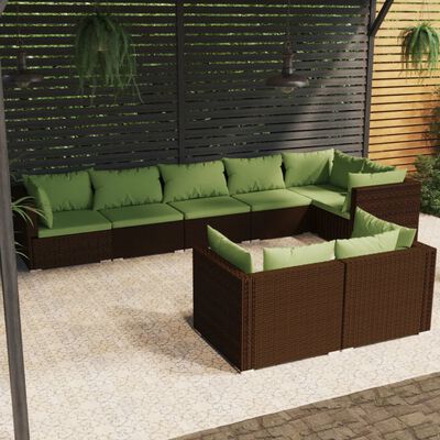 vidaXL 8 pcs conjunto lounge jardim c/ almofadões vime PE castanho