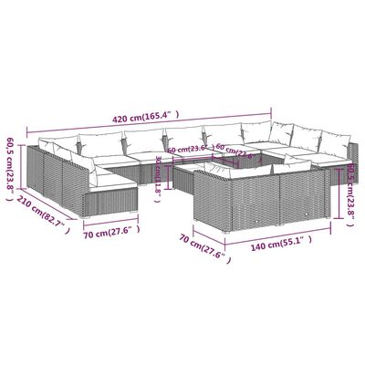 vidaXL 13 pcs conjunto lounge de jardim c/ almofadões vime PE cinzento