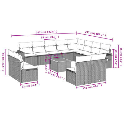 vidaXL 13 pcs conj. sofás jardim c/ almofadões vime PE bege misturado