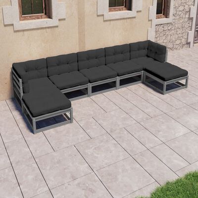 vidaXL 7pcs conjunto lounge de jardim c/ almofadões pinho maciço cinza