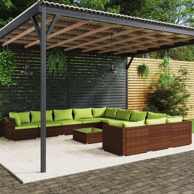 vidaXL 12 pcs conjunto lounge de jardim c/ almofadões vime PE castanho