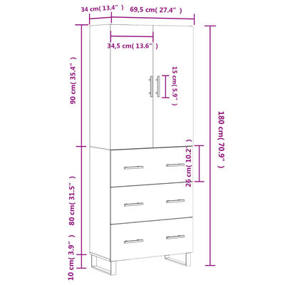 vidaXL Armário alto 69,5x34x180 cm derivados de madeira branco