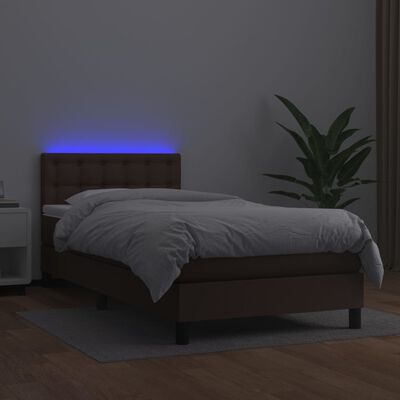 vidaXL Cama box spring c/ colchão/LED 90x200 cm couro artif. castanho