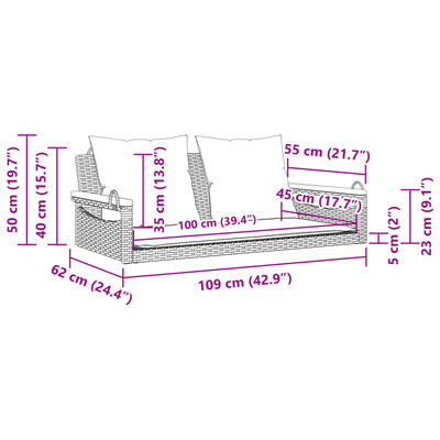 vidaXL Banco baloiço com almofadões 109x62x40 cm vime PE cinzento