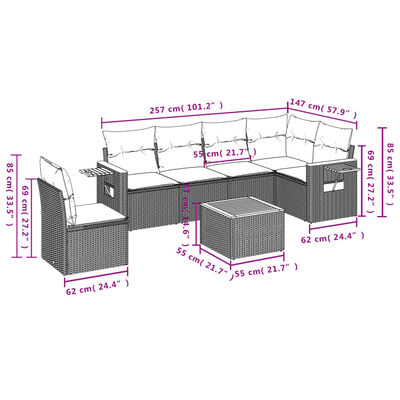 vidaXL 7 pcs conjunto de sofás p/ jardim com almofadões vime PE bege