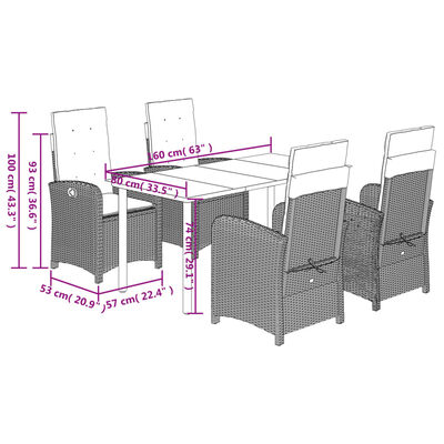 vidaXL 5 pcs conjunto de jantar p/ jardim com almofadões vime PE bege