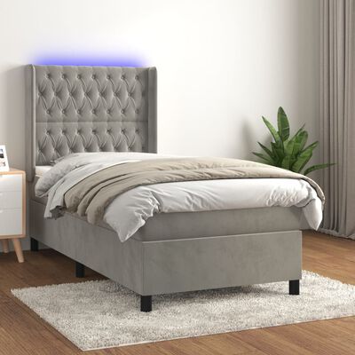 vidaXL Cama box spring c/ colchão/LED 90x200 cm veludo cinzento-claro