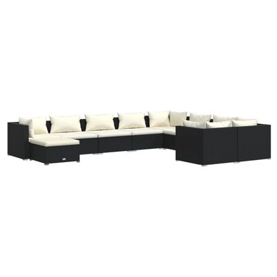 vidaXL 10 pcs conjunto lounge de jardim c/ almofadões vime PE preto