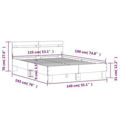 vidaXL Estrutura cama cabeceira/luzes LED 135x190 cm carvalho castanho