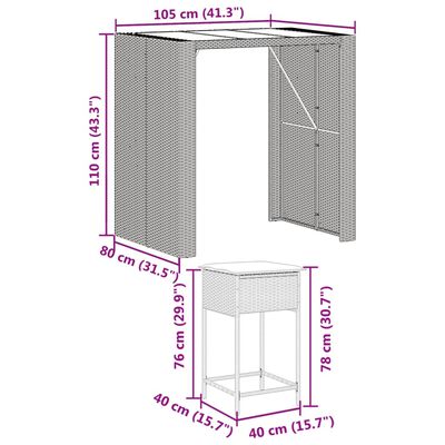 vidaXL 5 pcs conjunto de bar p/ jardim c/ almofadões vime PE castanho