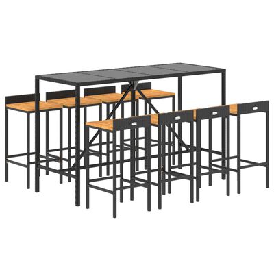 vidaXL 9 pcs conjunto de bar p/ jardim vime PE/acácia maciça preto