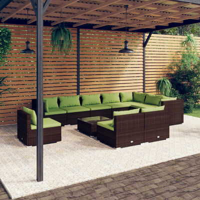 vidaXL 11 pcs conjunto lounge de jardim c/ almofadões vime PE castanho