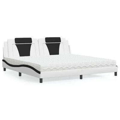 vidaXL Cama com colchão 200x200 cm couro artificial preto e branco