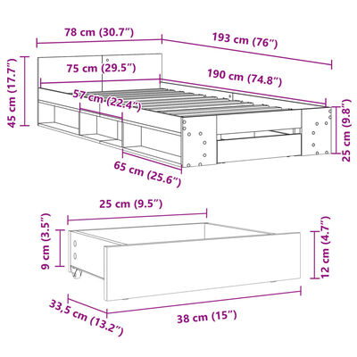 vidaXL Estrutura cama c/ gaveta 75x190 cm derivados de madeira preto