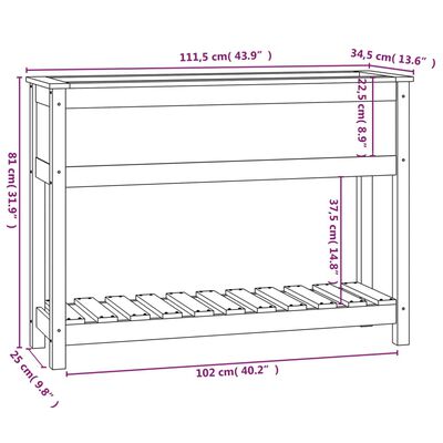 vidaXL Vaso/floreira com prateleira 111,5x34,5x81 cm pinho maciço