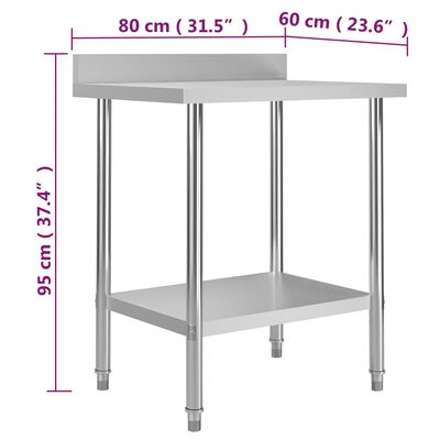 vidaXL Mesa cozinha rebordo antissalpicos 80x60x93 cm aço inoxidável