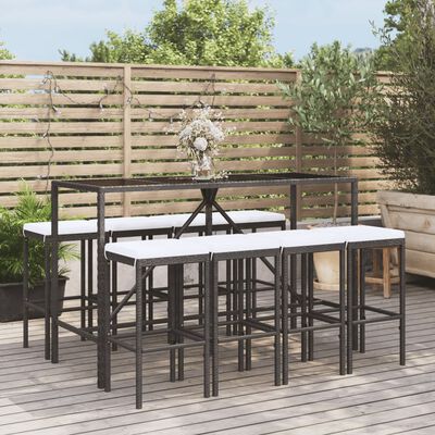 vidaXL 9 pcs conjunto de bar para jardim c/ almofadões vime PE preto