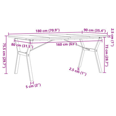 vidaXL Mesa de jantar estrutura em Y 180x90x75,5cm pinho/ferro fundido