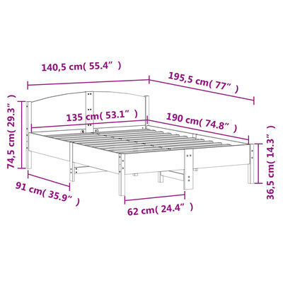 vidaXL Cama sem colchão 135x190 cm madeira de pinho maciça branco