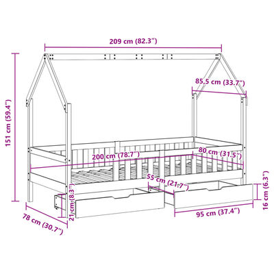 vidaXL Estrutura de cama infantil c/ gavetas 80x200 cm pinho maciço