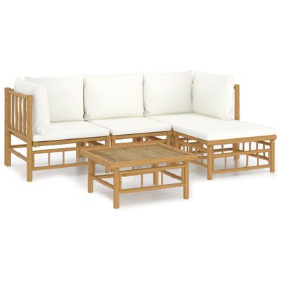 vidaXL 5 pcs conjunto lounge de jardim bambu c/ almofadões branco nata