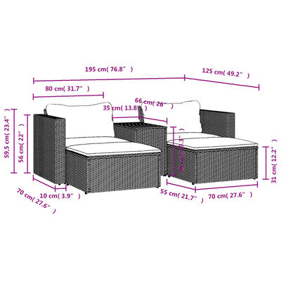 vidaXL 5 pcs conjunto sofás de jardim com almofadões acácia e vime PE