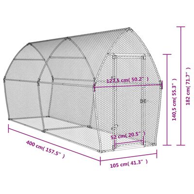 vidaXL Galinheiro 400x105x182 cm aço galvanizado prateado