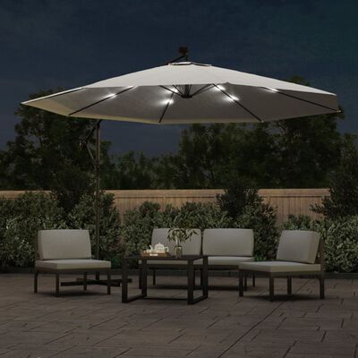 vidaXL Guarda-sol cantilever c/ luzes LED e poste metal 350 cm areia