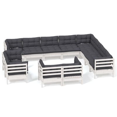 vidaXL 12 pcs conj. lounge de jardim c/ almofadões pinho maciço branco