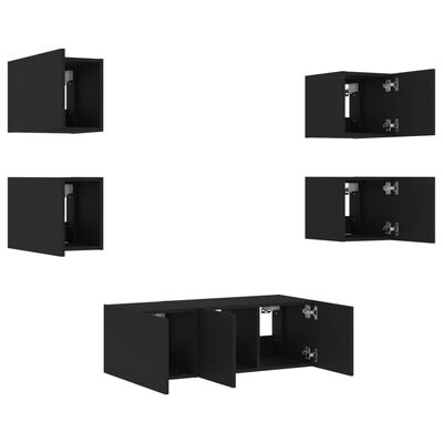 vidaXL 6 pcs móveis de parede p/ TV c/ LEDs derivados de madeira preto