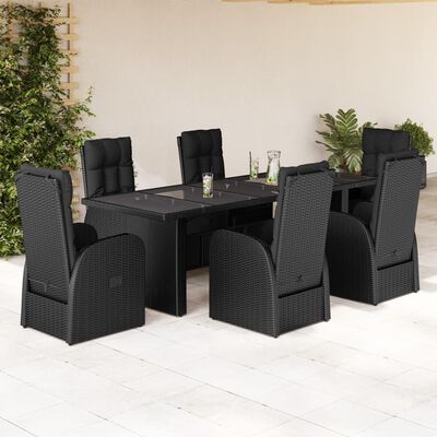 vidaXL 7 pcs conjunto de jantar p/ jardim c/ almofadões vime PE preto