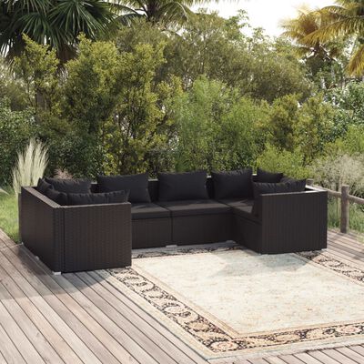 vidaXL 6 pcs conjunto lounge de jardim c/ almofadões vime PE preto