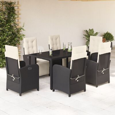 vidaXL 7 pcs conjunto de jantar p/ jardim c/ almofadões vime PE preto